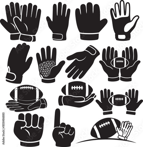 American Football Gloves and Hand Gesture Silhouette Icon Set