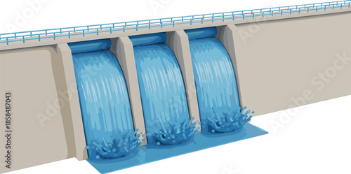 Vector Illustration of a Hydroelectric Dam Structure with Three Cascading Water Gates Generating Clean Renewable Energy