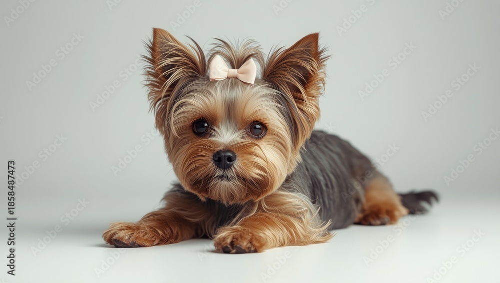 Fototapeta premium Portrait of a Yorkshire Terrier lying on a plain white surface, highlighting breed features and coat texture