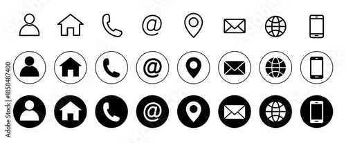 Contact Information Icons Set Featuring User Home Phone Email Location Mail Globe and Mobile Symbols in Three Different Styles Exactly 200 Characters