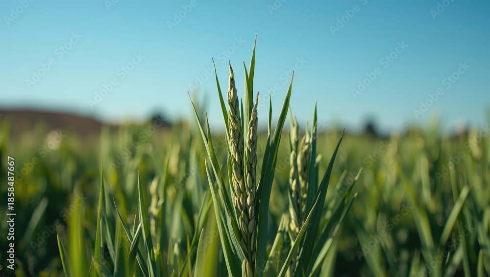 Fototapeta premium Summer sesame fields with dense green plants, focusing on crop growth and seasonal farming cycles