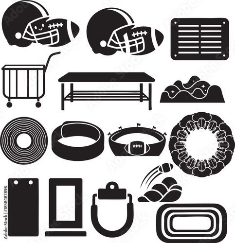 American Football Stadium and Equipment Silhouette Icon Set