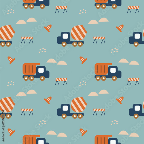 Cement mixer truck cartoon so cute. On sandpile traffic cone background. Pattern seamless vector illustration. 