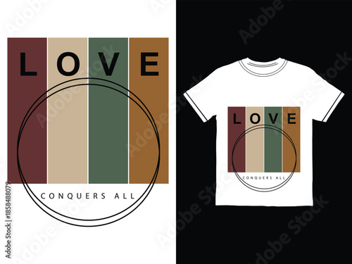 T shirt design with love conquers all text and colored squares