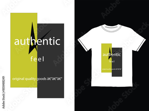 T shirt with authentic feel logo on white and black backgrounds