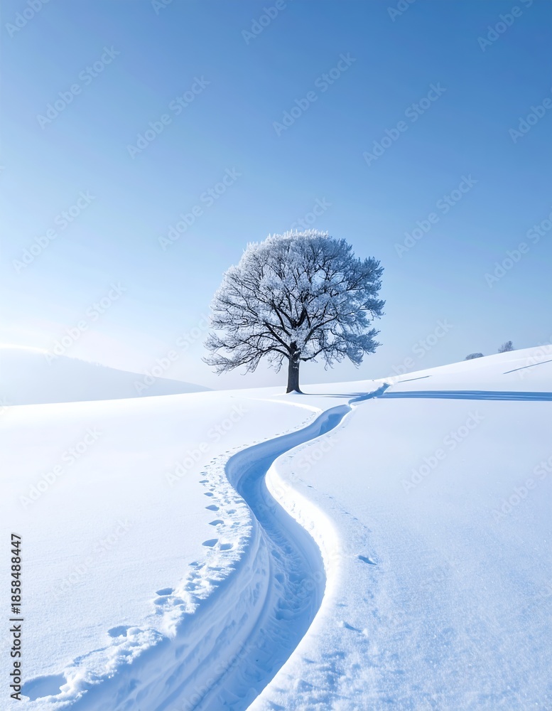 Obraz premium A solitary tree stands majestically in a pristine snow-covered landscape, with a winding path leading towards it under a clear blue sky.