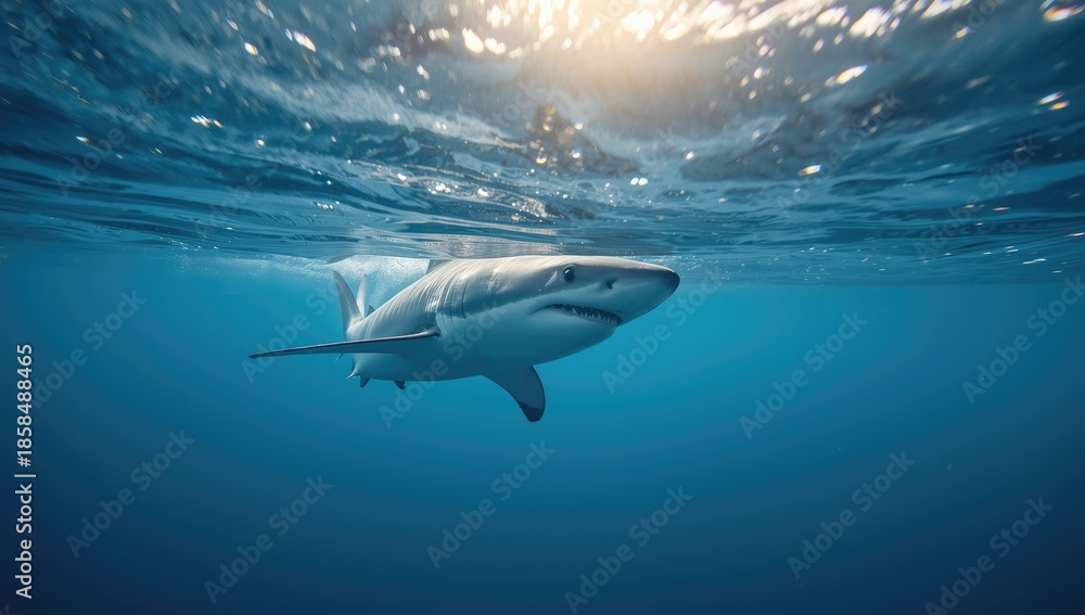 Fototapeta premium Great white shark lurking around the Neptune Islands, highlighting predator behavior, World Ocean Day