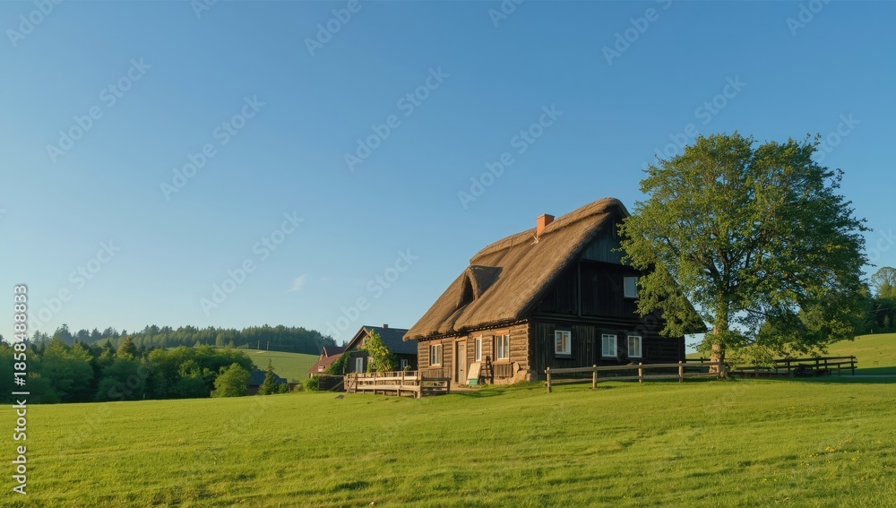 Obraz premium Old wooden Norwegian structure in lush landscape during summer, highlighting heritage architecture and greenery, Earth Day