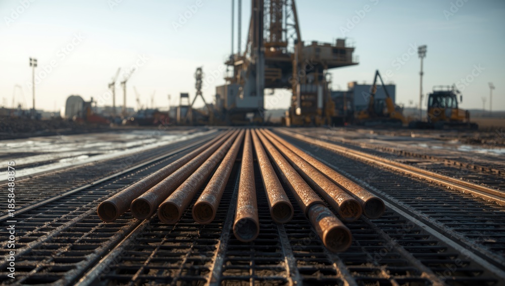 Fototapeta premium Drilled pipe segments with corrosion visible, positioned on the deck for downhole drilling procedures
