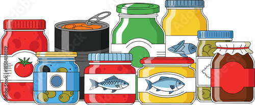 Colorful Vector Illustration of Various Preserved, Canned, and Jarred Food Products for Grocery Store and Market Concept