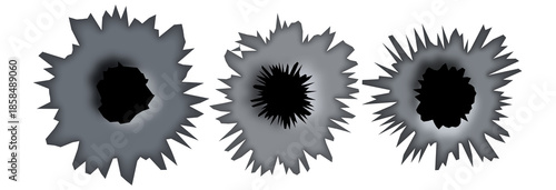 Three realistic bullet holes with jagged edges and dark centers on a black background isolated on transparent background