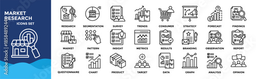 Market research icon set collection. pack contain analysis, survey, insight, trends, data, consumer, report, research, metrics, chart