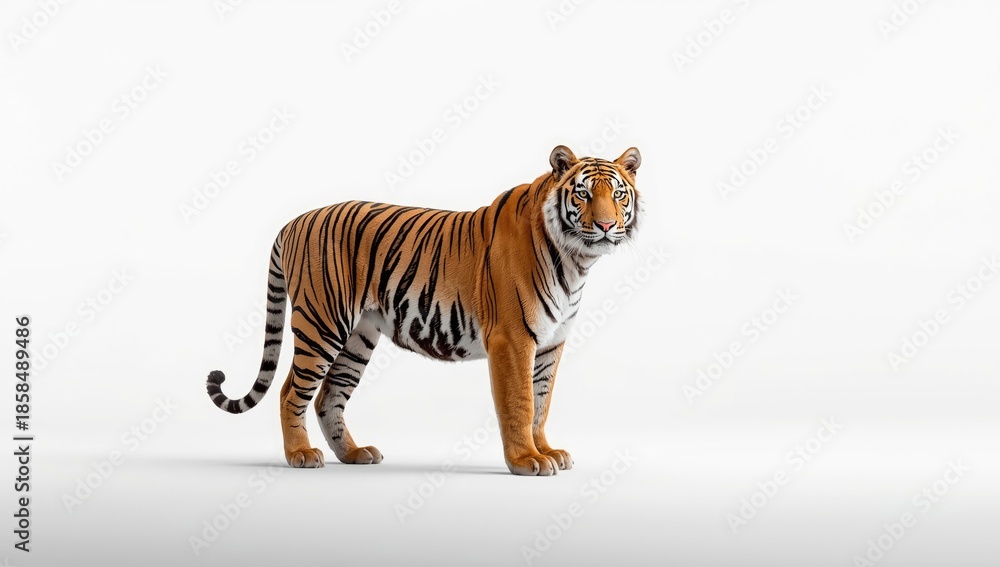 Obraz premium Single Amur tiger profile on a white backdrop, highlighting feline strength, wildlife preservation