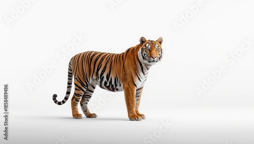 Single Amur tiger profile on a white backdrop, highlighting feline strength, wildlife preservation