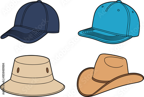 Collection Of Various Headwear Styles Featuring Sun Hat And Classic Snapback Vector Icons