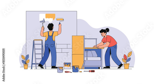 Man and woman working together to paint and decorate a room with rollers and tools on a white background.