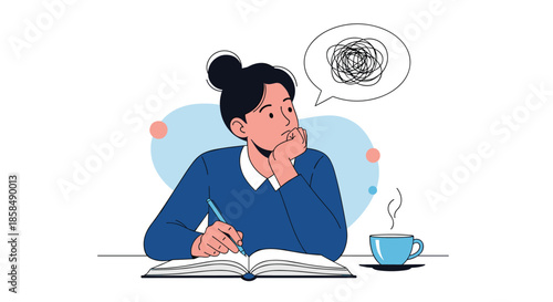 Thoughtful young woman sitting at a desk with an open book and a cup of coffee while deep in contemplation.