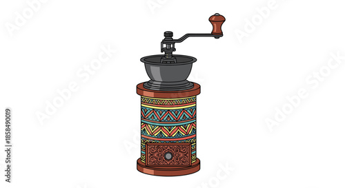 Vintage style manual coffee grinder with intricate colorful geometric patterns and a wooden handle on top.