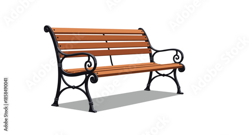 Classic wooden park bench with decorative black metal legs and armrests isolated on a plain white background.