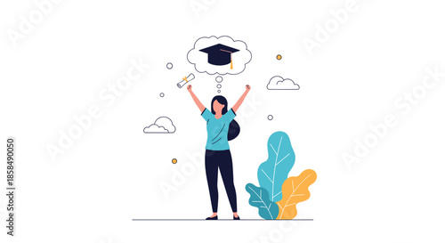Happy graduate raising her arms in celebration while thinking about her success and future career goals.