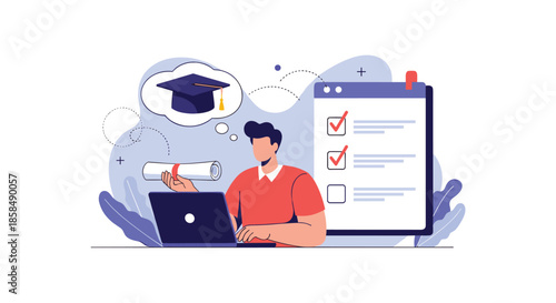 Young man studying online and preparing for graduation with a laptop and a checklist of academic tasks.