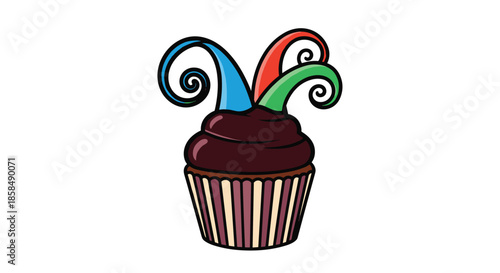 Delicious chocolate cupcake topped with rich dark frosting and three colorful decorative swirls on top.