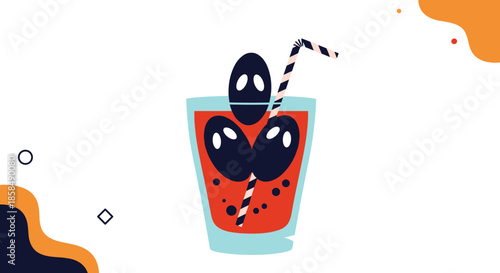 Refreshing red tomato juice or bloody mary cocktail garnished with large black olives on a striped straw.