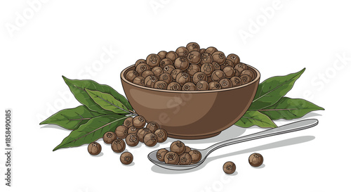 Bowl of black peppercorns with aromatic bay leaves and a silver spoon arranged on a white background.
