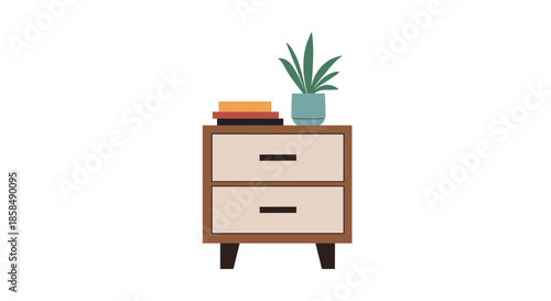 Small wooden bedside table featuring two drawers a potted green plant and a stack of books on top.