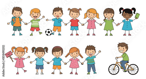 Group of diverse children from different backgrounds holding hands and playing together to represent unity, friendship, and global community spirit.
