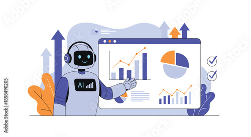 Artificial intelligence robot presenting various financial data charts and growth graphs on a digital interface to assist in business analysis and planning.