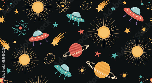Seamless pattern showcasing a whimsical space theme with colorful UFOs, planets, glowing stars, and constellations against a dark night sky background.