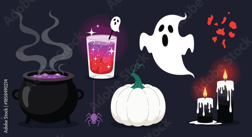 Assortment of classic Halloween elements including a boiling cauldron, ghostly figure, white pumpkin, spooky cocktail, and burning black candles.