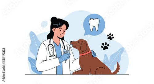 Professional female veterinarian examines a pet dog's dental health using specialized tools during a routine medical checkup at a vet clinic.