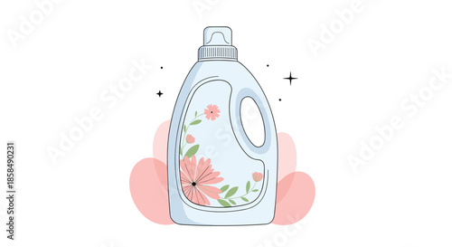 Plastic bottle of laundry detergent featuring a floral design on the label symbolizing freshness and clean scent for washing various fabrics.