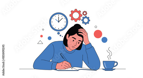 Overwhelmed young woman feels stressed while working at her desk with multiple tasks, deadlines, and a cup of coffee during a busy day.
