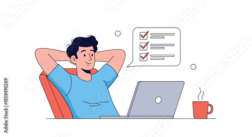 Successful man relaxes in his chair after completing all tasks on his digital checklist while working on his laptop in a home office.