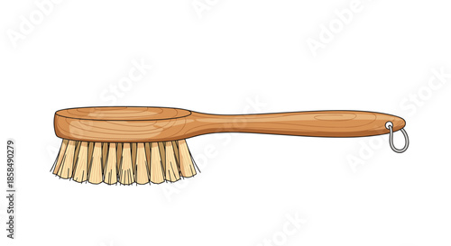 Traditional wooden body brush with natural bristles for dry brushing, exfoliation, and improving skin health as part of a beauty and spa routine.