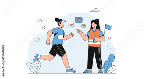 Female athlete during a running marathon receives encouragement and support from a race official or volunteer holding a water bottle and flag.