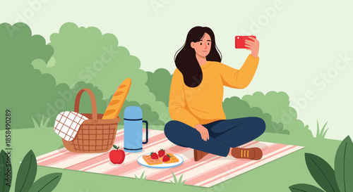 Young woman enjoys a solo picnic in a green park while taking a selfie with her smartphone next to a basket of bread and waffles.