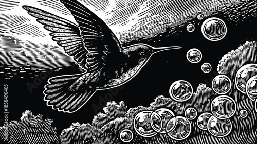 Graceful Hummingbird Flight Amidst Shimmering Bubbles in a Dark Ethereal Scene