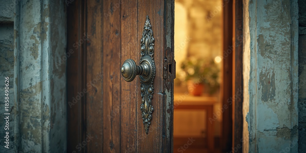 Obraz premium Antique door hardware mounted on a weathered wooden door, highlighting preservation and restoration efforts