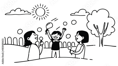 Joyful Kids Having Fun Blowing Bubbles in the Summer Sunshine