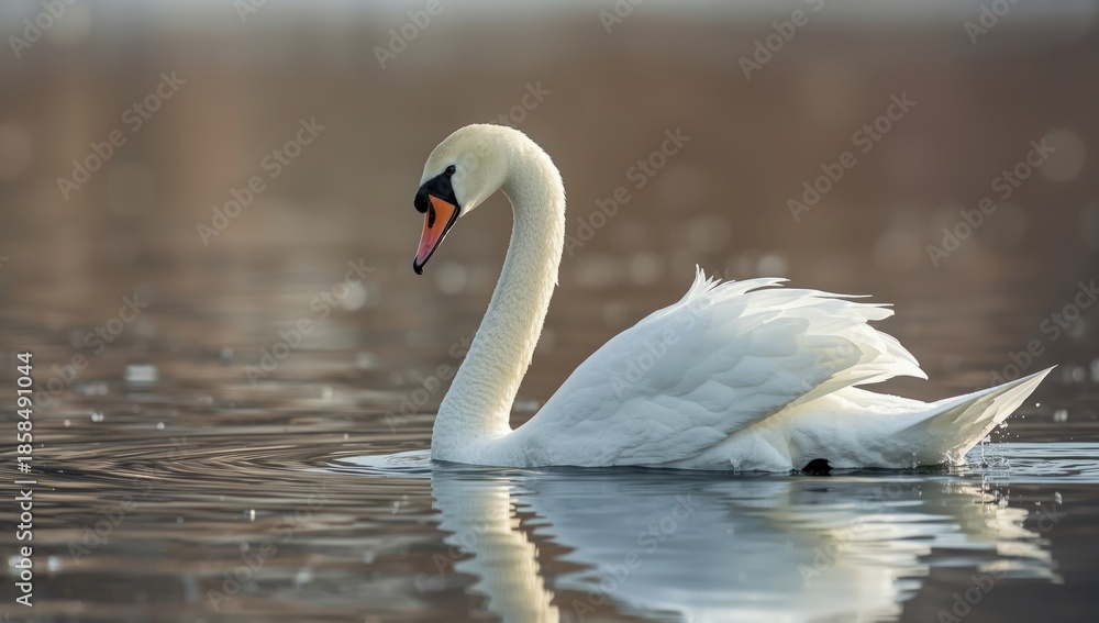 Fototapeta premium White swan resting on a quiet lake in winter, highlighting wildlife preservation during seasonal transition.