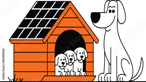 Cute Cartoon Dog Standing Near Orange Wooden Doghouse With Three Small Puppies
