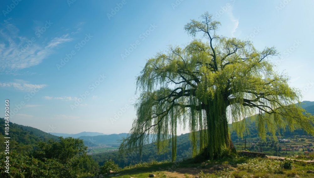 Obraz premium Mulberry trees with vibrant green foliage in a natural setting with a bright sky, highlighting ecological preservation