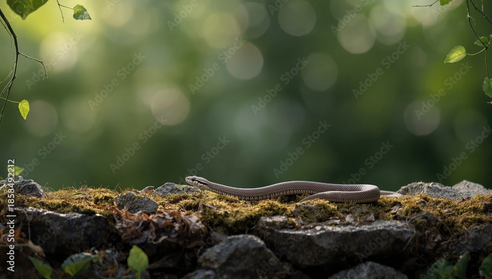 Fototapeta premium Juvenile Aesculapian snake on rocky terrain highlighting adaptation and survival strategies
