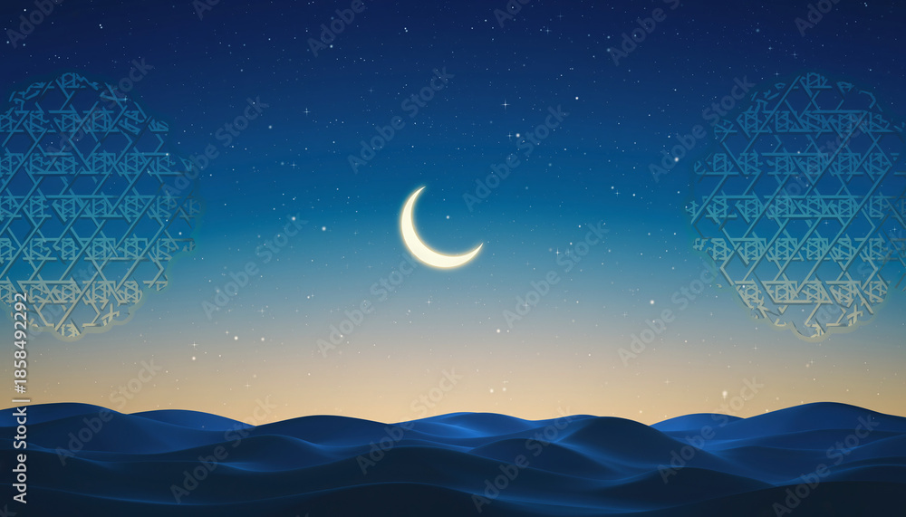 Obraz premium Islamic Crescent Moon Over Desert Night Sky with Geometric Pattern Background
