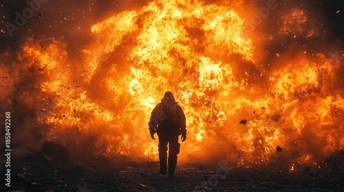 Dramatic explosion scene with silhouette walking away.