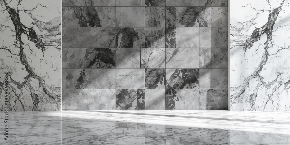 Fototapeta premium Interior stone surface featuring polished grey and silver marble with black graphic accents, suitable for modern decor